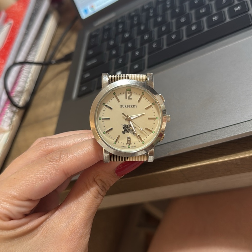 Men's large face Watch - Silver and Cream Plaid